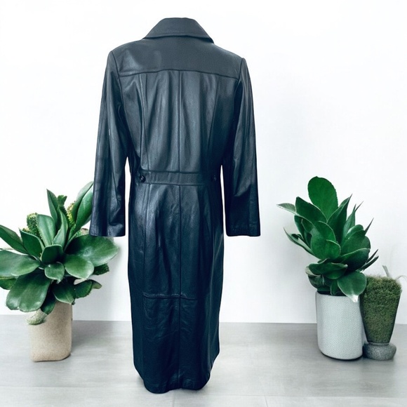 WINLIT New York Size Medium Black Leather Trench Coat Mob Wife Matrix 80s VGC - Picture 5 of 14